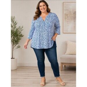 Jones New York Blouse Womens 1X White Animal Print Tunic 3/4 Sleeve V-Neck Top